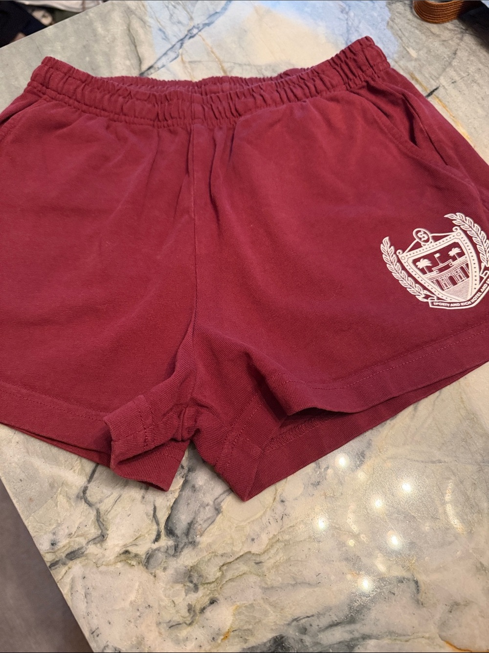Sporty & Rich Maroon Athletic Lounge Shorts with Crest